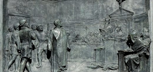 Proces Giordano Bruno. Relief z pomnika na Campo di Fiori. Fot. Wikipedia.